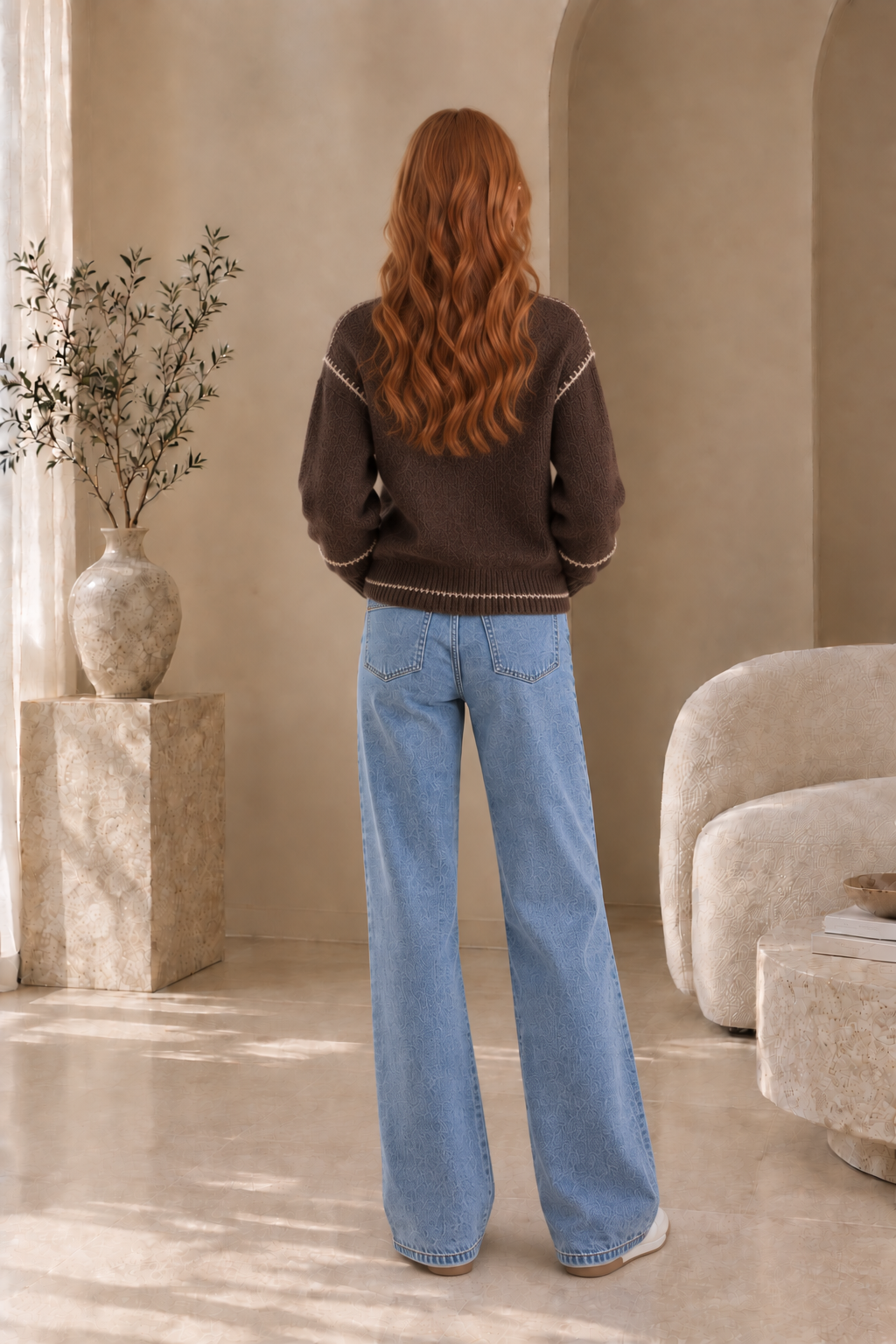 Women's Contrast Stitch Long Sleeve Knit Sweater