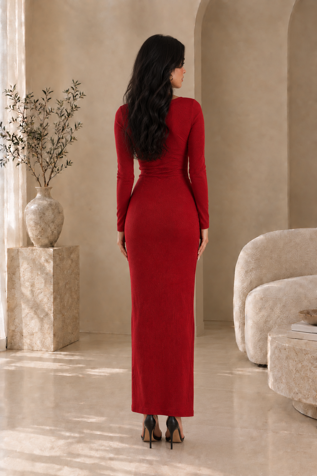 Women's Rib-Knit Square Neck Maxi Dress with Slit