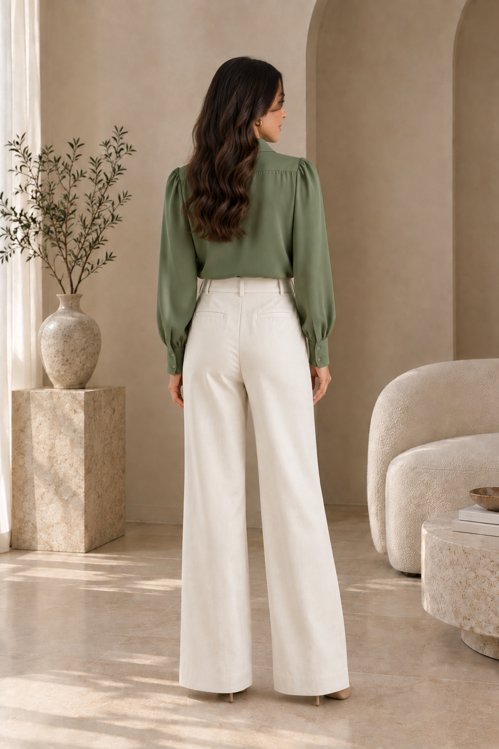 Women's Long Sleeve Pleated Shoulder Chiffon Blouse